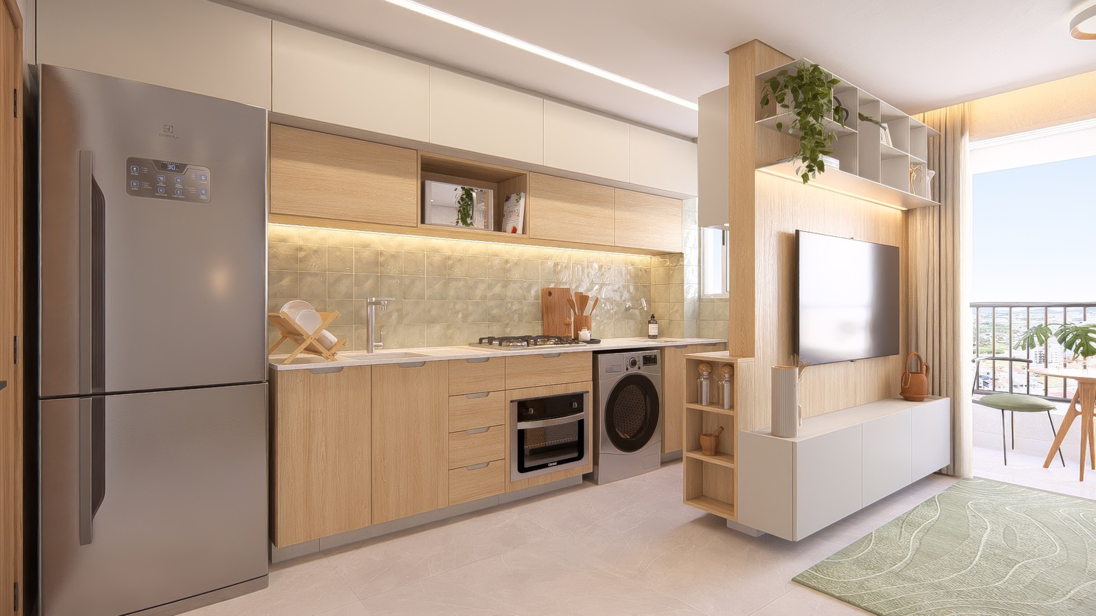 Cozinha e área de serviço do apartamento