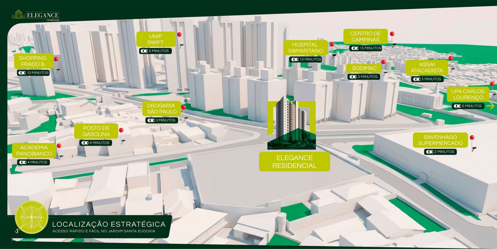 Mapa de localização do Elegance Residencial em Campinas, com pontos de interesse ao redor